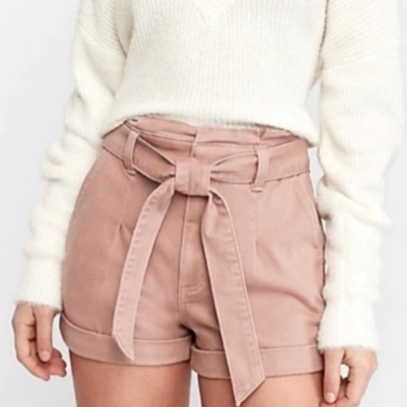 Express Dusty Rose Pink Tie-Front Paperbag Waist Super High Waisted Shorts - Picture 1 of 12